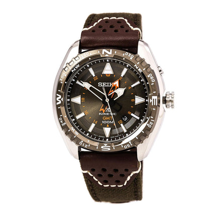 Seiko SUN061 Men's Prospex Brown Dial Nylon & Leather Strap Power Reserve Kinetic GMT Watch ,