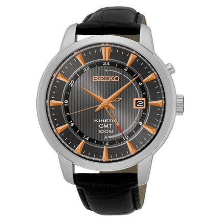 Seiko SUN063 Men's Core Kinetic Grey Dial Black Leather Strap Power Reserve GMT Watch ,