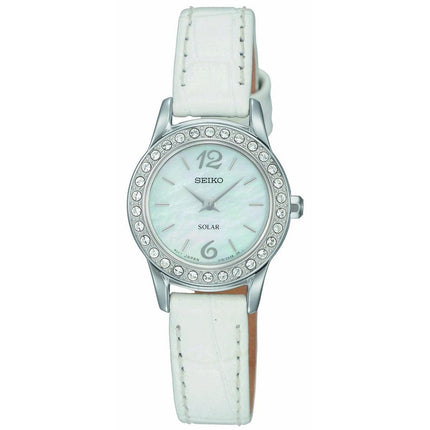 Seiko SUP133 Women's Solar Swarovski Crystals White Leather Strap Power Reserve Watch ,