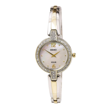 Seiko SUP288 Women's Core Solar White MOP Dial Two Tone Steel Power Reserve Crystal Watch ,