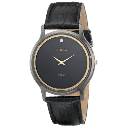 Seiko SUP875 Men's Solar Core Quartz Black Dial Black Leather Strap Diamond Watch ,