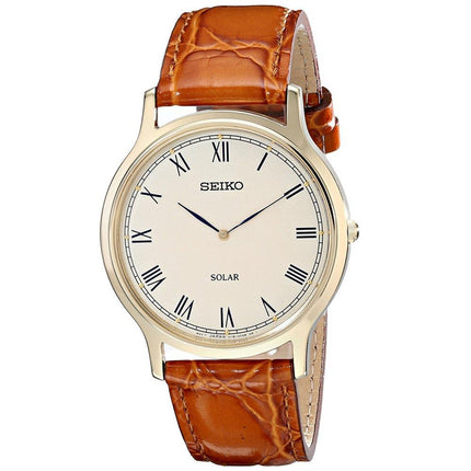 Seiko SUP876 Men's Solar Core Quartz Champagne Dial Brown Leather Strap Watch ,