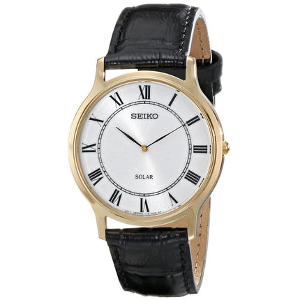 Seiko SUP878 Men's Solar Core Quartz Silver Dial Black Leather Strap Watch ,