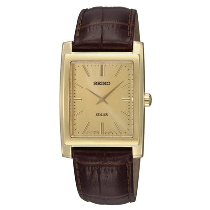 Seiko SUP896 Men's Core Solar Gold Tone Dial Brown Leather Strap Watch ,