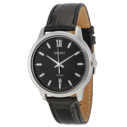 Seiko SUR045 Men's Classic Black Dial Black Leather Strap Quartz Watch ,