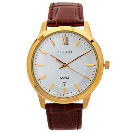 Seiko SUR046 Men's White Dial Yellow Gold Steel Brown Leather Strap Watch ,