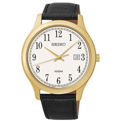 Seiko SUR086 Men's White Dial Yellow Gold Steel Black Leather Strap Watch
