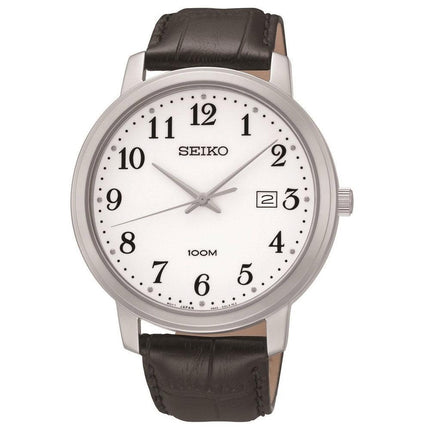 Seiko SUR113 Men's Easy Read White Dial Black Leather Strap Watch ,