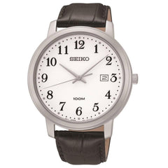 Seiko SUR113 Men's Easy Read White Dial Black Leather Strap Watch