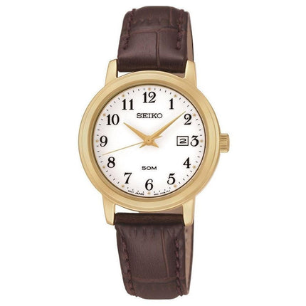 Seiko SUR822 Women's Easy Read White Dial Brown Leather Strap Watch ,