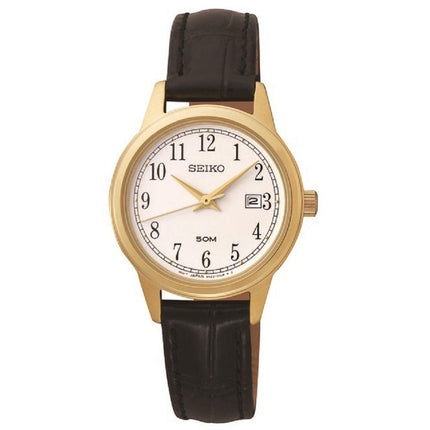 Seiko SUR844 Women's White Dial Yellow Gold Steel Black Leather Strap Date Watch ,