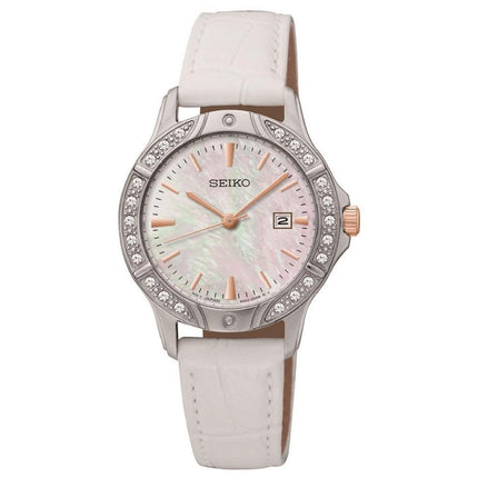 Seiko SUR871 Women's Swarovski Crystal Accented Bezel MOP Dial White Leather Strap Watch ,