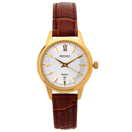 Seiko SUR880 Women's Dress Yellow Gold Steel Silver Dial Brown Leather Strap Watch ,