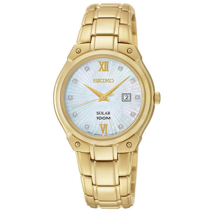 Seiko SUT216 Women's Solar Core MOP Dial Yellow Gold Tone Steel Diamond Watch ,