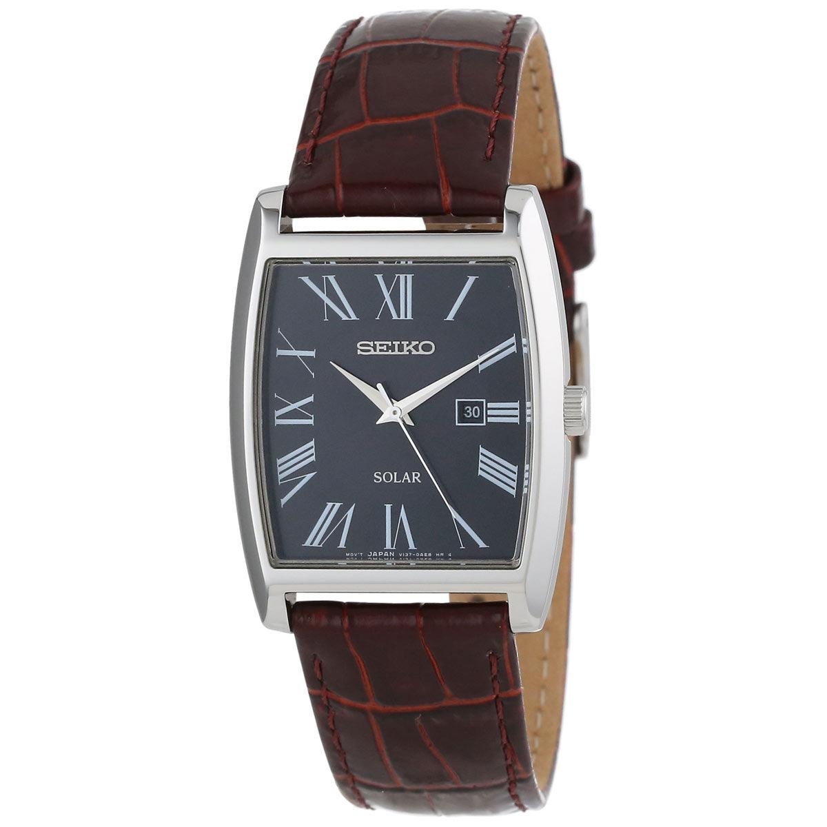 Seiko SUT889 Men's Dress Solar Black Dial Brown Leather Strap Tonneau