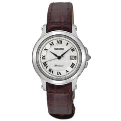 Seiko SXDE01P2 Women's Premier White Dial Brown Leather Strap Watch