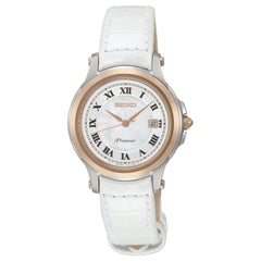 Seiko SXDE42P2 Women's Premier White MOP Dial White Leather Strap Watch