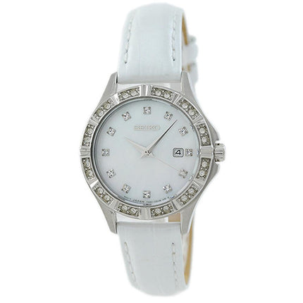 Seiko SXDF11P2 Womens Swarovski Accented Bezel MOP Dial White Leather Band Watch ,