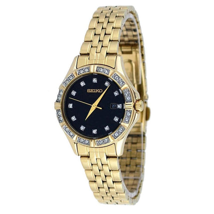 Seiko SXDF20 Women's Swarovski Crystal Accented Bezel Black Dial Gold Plated Steel Bracelet Watch ,