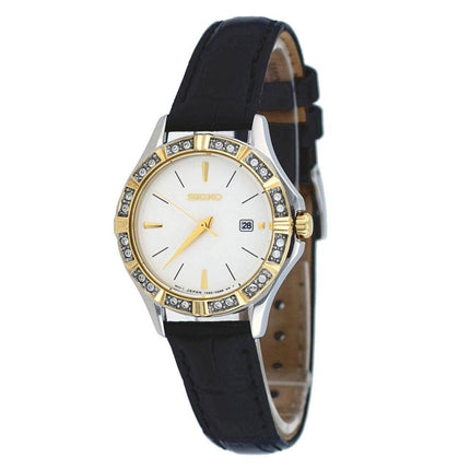 Seiko SXDF24 Women's White Dial Swarovski Crystal Two Tone Steel Leather Strap Watch ,
