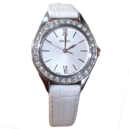 Seiko SXGP35 Women's Classic Silver Dial White Leather Strap Swarovski Crystal Watch ,