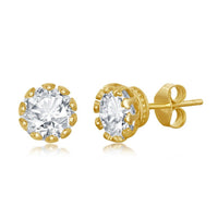 Set of 5 Sterling Silver Crown Set Prong Round 7mm CZ Stud Earrings - Gold Plated ,