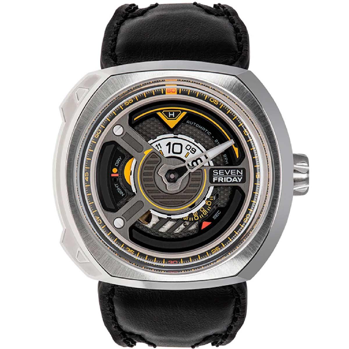 SevenFriday Men's Watch Blade Power Reserve Black Genuine Leather St