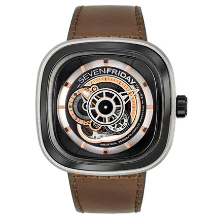 SevenFriday Men's Watch - P Series Power Reserve Grey Case Leather Strap | P2B-01 ,
