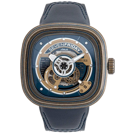 SevenFriday Men's Watch - P-Series Power Reserve Navy Blue Leather Strap | PS1-04 ,