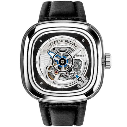 SevenFriday Men's Watch - S Series Power Reserve Black Leather Strap SS Case | S1-01 ,