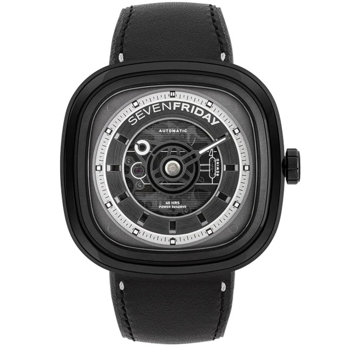 SevenFriday Men's Watch - T Series T BLACK Power Reserve Leather Strap | T1-04