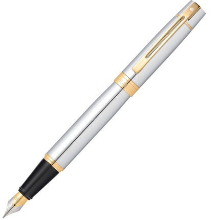 Sheaffer 300 Fountain Pen - Bright Chrome with Polished Gold Tone Trim | E09342 ,