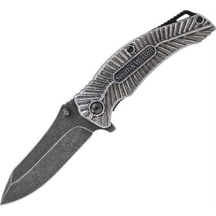 Smith and Wesson Folding Knife - Black Stonewashed Clip Point Blade | SWCK116-DISCO ,