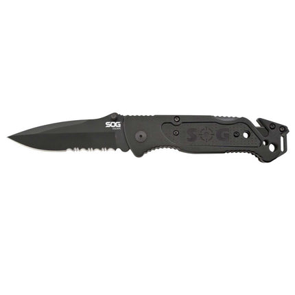 SOG Folding Knife - Escape Black Partially Serrated Clip Point Steel Blade | FF25-CP ,