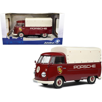 Solido 1/18 Scale Model Pickup Truck - Porsche Service 1950 Volkswagen T1 Dark Red ,