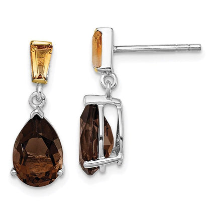 SS & 14K Accent Rhodium Plated Smoky Quartz and Citrine Earrings ,