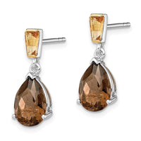 SS & 14K Accent Rhodium Plated Smoky Quartz and Citrine Earrings ,