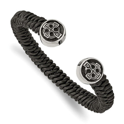 Stainless Antiqued and Polished Black Leather Celtic Cross Cuff Bracelet ,