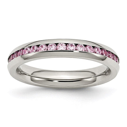 Stainless Steel 4mm October Pink CZ Ring ,