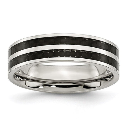 Stainless Steel 6mm Double Row Black Carbon Fiber Inlay Polished Band ,