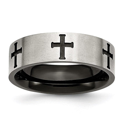 Stainless Steel 7mm Black IP-plated Crosses Brushed/Polished Band ,