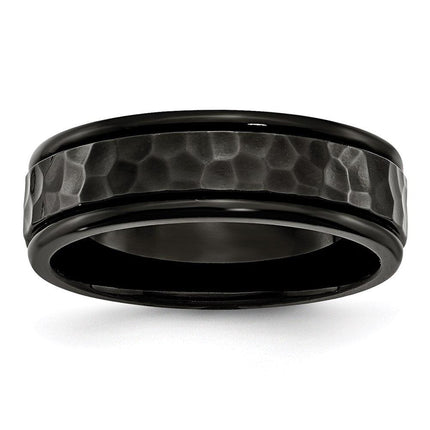 Stainless Steel 7mm Black IP-plated Hammered and Polished Band ,