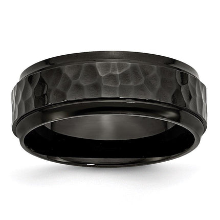 Stainless Steel 8mm Black IP-plated Hammered/Polished Beveled Edge Band ,