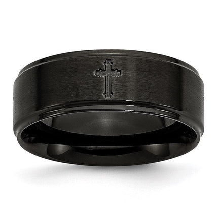 Stainless Steel 8mm Brushed/Polished Cross Cut-Out Black IP-plated Band ,