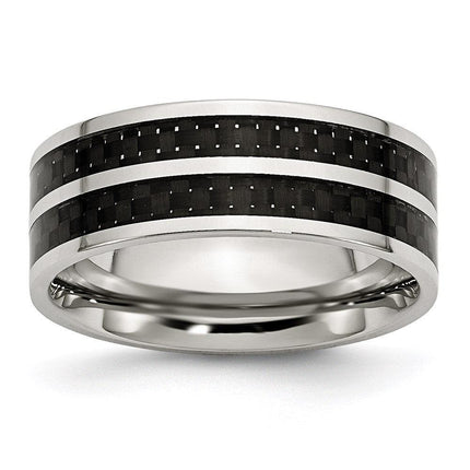 Stainless Steel 8mm Double Row Black Carbon Fiber Inlay Polished Band ,