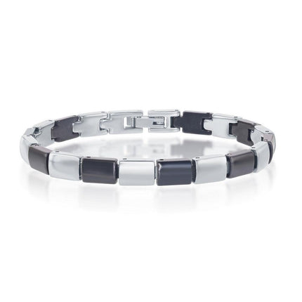 Stainless Steel and Black Ceramic Alternating Links Bracelet, 7" ,