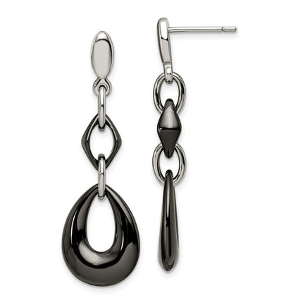 Stainless Steel And Black Ceramic Polished Dangle Post Earrings ,