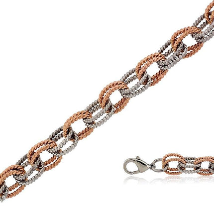 Stainless Steel and Rose Gold Double Linked Bracelet, 8" ,