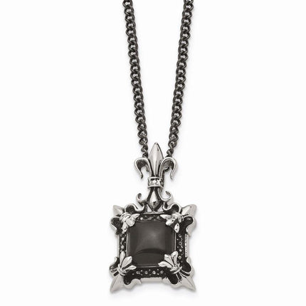 Stainless Steel Antiqued & Black Agate & Fleur de lis Necklace ,