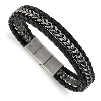 Stainless Steel Antiqued & Brushed Blk Leather w/.5in ext 8.25in Bracelet ,